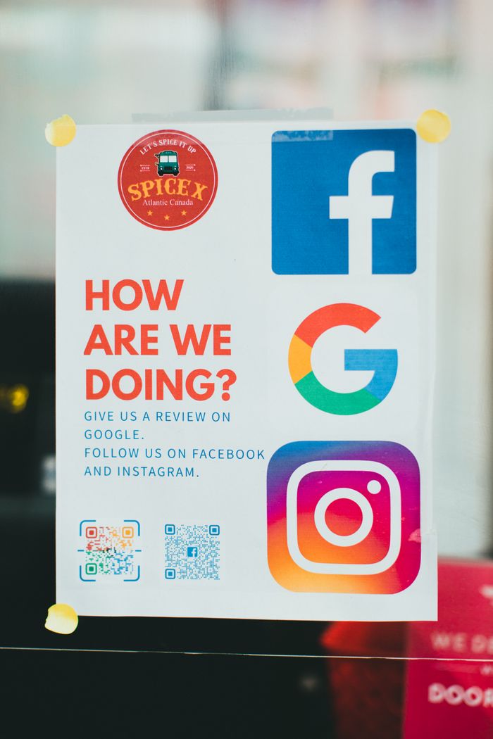 About Poster encouraging reviews on Google, Facebook, and Instagram.
